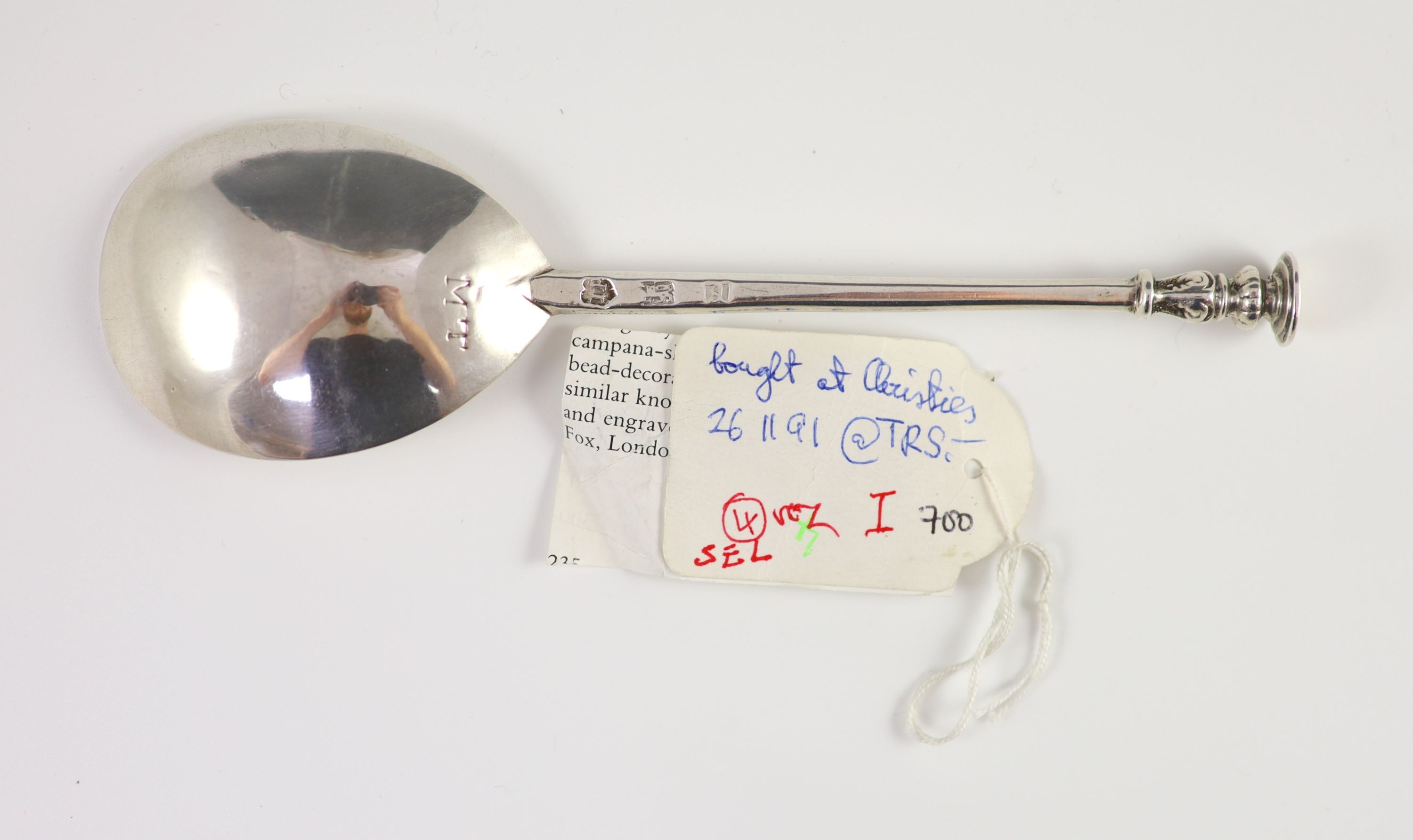 A Charles I silver seal top spoon, inscribed ‘M’ to terminal, ‘M T’ to the bowl reverse, London, 1638, marker’s initials T.P, length 17cm long, 1.5oz.
